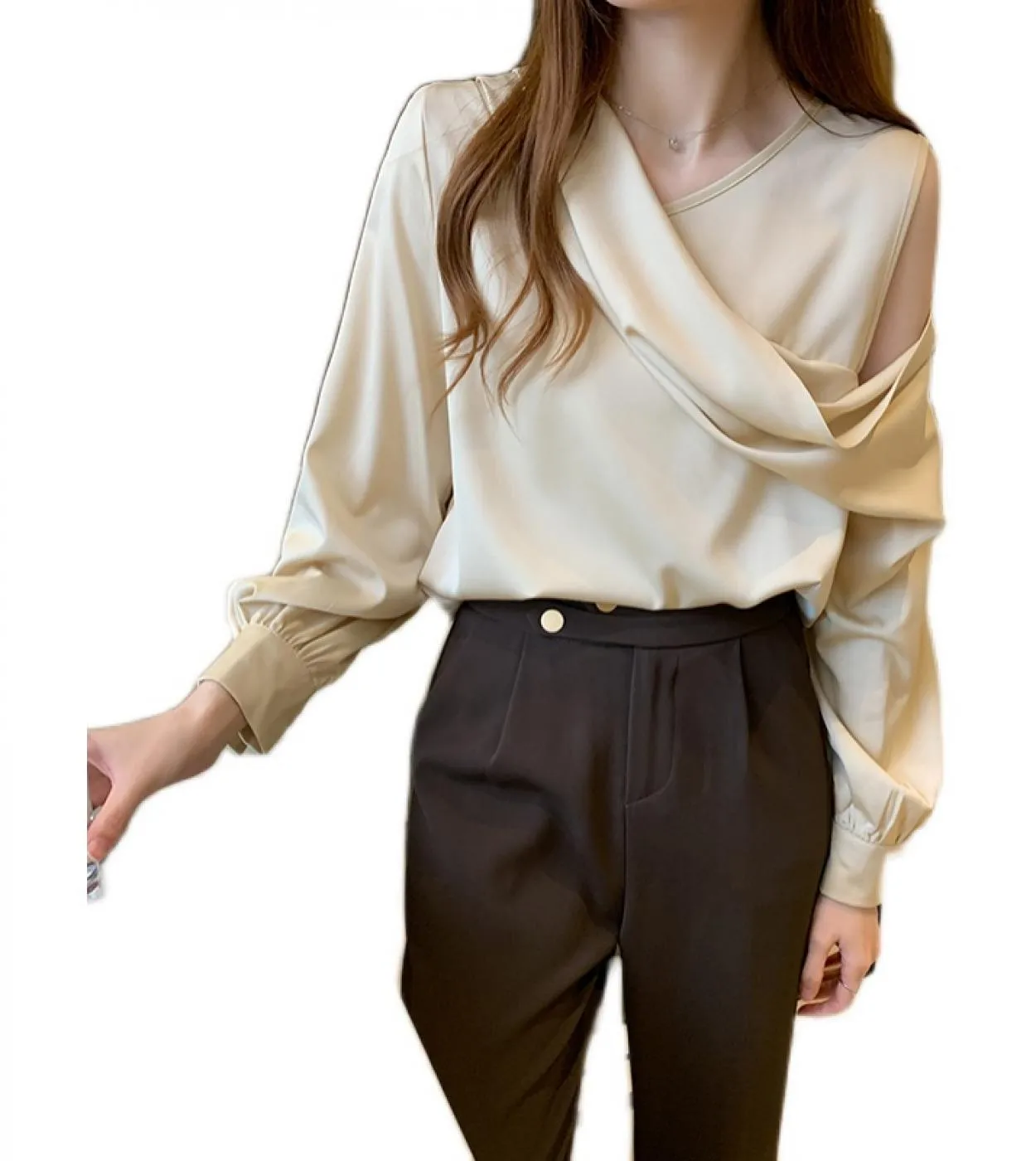 Vneck Slim Women Offshoulder manica lunga in chiffon camicetta autunno elegante camicia di raso Solid Ol Top Chemisier Femme 112